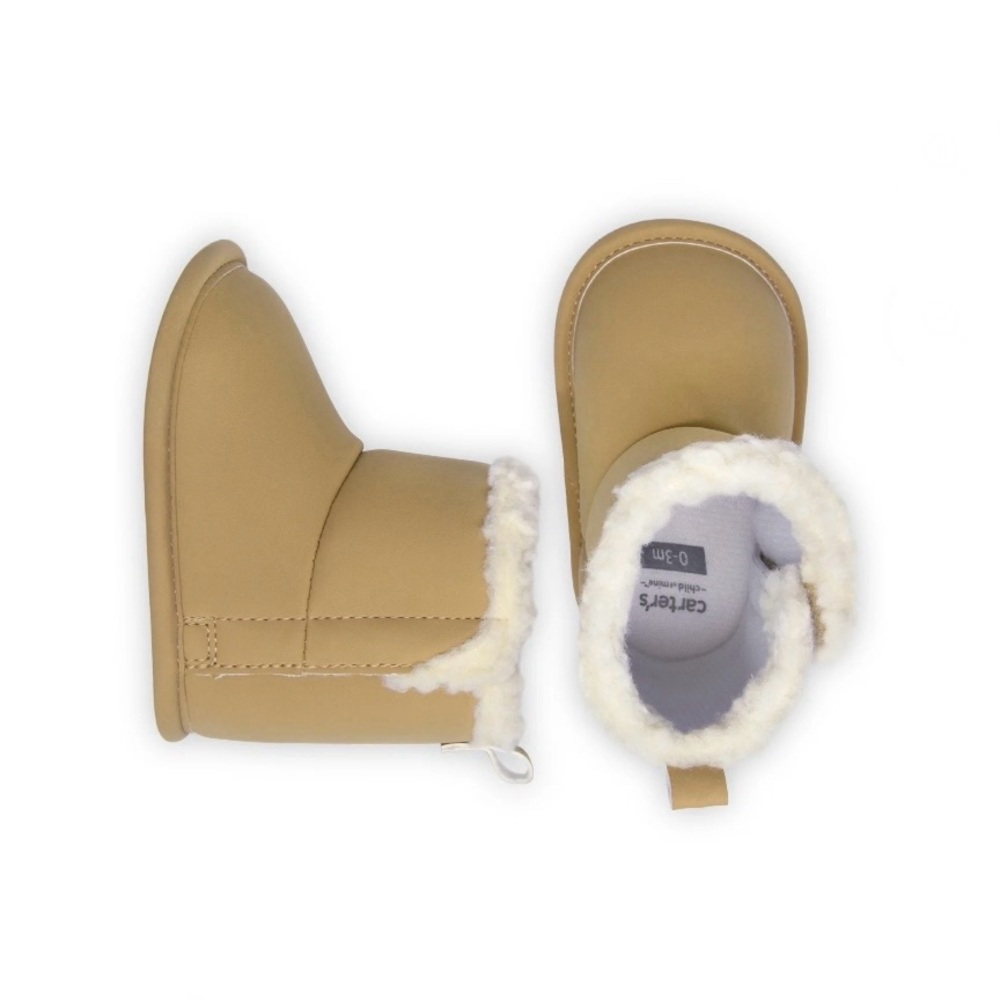 Carter's Child of Mine Tan Baby Booties with White Faux Fur Trim Size 3-6 months